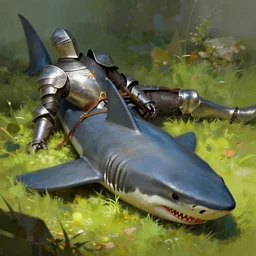 shark in knight armor dead on the ground, fallen knight, fantasy, digital painting, dramatic lighting, vibrant setting, realistic shading, unreal engine 5, concept art, ultra detailed, trending artstation