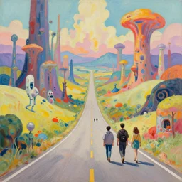 Why am I me when I could have been anyone else? Introspective meandering, a vibrant gouache fantasy painting, walking along the endless road through an unusual biome. Natural palette, Unearthly landscape. Realistic photography. A small traveling group of friends in a dream-like world. | CHROMIOUS, the city of progress, they make robot people here, the only beings who don't need a mask to live in this region.