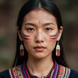 portrait of a stunningly beautiful asian tribal female, small amount of traditional facepainting, depth of field, zeiss lens, detailed, symmetrical, centered, fashion photoshoot, by Annie Leibovitz and Steve McCurry, David Lazar, Jimmy Nelsson, Breathtaking, 8k resolution, extremely detailed, beautiful, establishing shot, artistic, hyperrealistic, beautiful face, octane render