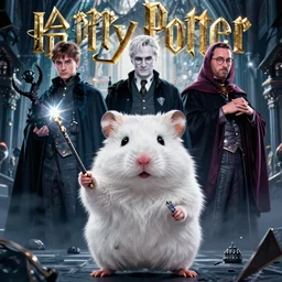 movie poster of harry potter but with a white hamster as character holding a magic wand versus volemort