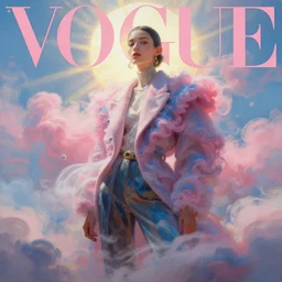 3 d, pink and blue smoke, sun rays, fashion model, vogue cover style, poster art, high detail, intricate oil painting, multiple exposure, heaven mood, hyperrealism, 3 d, by tooth wu and wlop and beeple and greg rutkowski