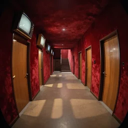 volumetric shadows, volumetric lighting, goya painting of underground, fisheye, curved perspective, naive, extra narrow, modern hallway, old tv screens, staircase, doors, wide floor, by rhads and gaudi, red velvet walls