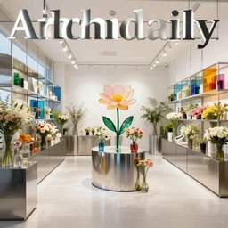 flower retail store, stainless steel and color glass, trending on frame magazine, trending on archidaily, bright light enviroment, contemporary art and sculpture of flower on the middle, trending on artstation, octane rendering, like art gallery