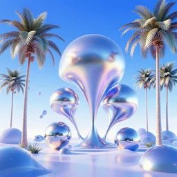 pre - 2 0 0 0 s era cg render of a 3 d world with chrome blobitecture, palm trees and blue sky. slick futuristic looks, gradients and translucence. vaporwave