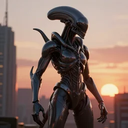 cyberpunk xenomorph, hyper realism, cinematic, volumetric lighting, dramatic ambient lighting, epic composition, high detail, octane render, unreal engine, 8 k, depth of field, concept art, 3 d render, digital art, deviantart artstation, ray tracing, very sharp, sunset,