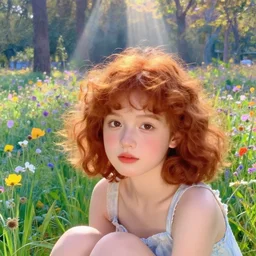 a close-up of the face of a cute girl with short curly red hair sitting in a field of flowers, god rays are passing through the trees in the background, Monet painting