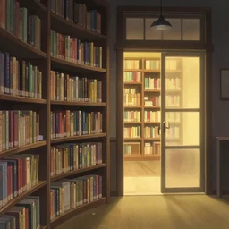 a library is half gloomy and half warm, japanese animation style