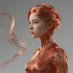 generative art of a beautiful young woman made of 100000 thin copper wires. Made by janusz jurek inspired by januszjurek.info. houdini3d, blender. 8k 3d. Dynamic. Movement.