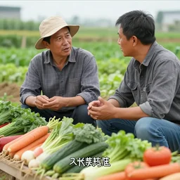 two farmers talking about vegetables, with subtitles