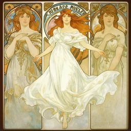 in the style of artgerm, arthur rackham, alphonse mucha, evan rachel wood, flowing white dress