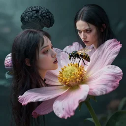by johan grenier and jedd chevrier, visually stunning, cinematic, ultra realistic, hyper realism, 1 2 k, epic, octane render, unreal engine, vfx, maya, an inverted flower : attract a fig wasp, melodrama by lorde : ghosts aren't real, cybergoth : angry brain