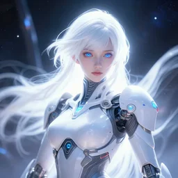photo of an android girl on a mothership, warframe armor, beautiful face, scifi, futuristic, galaxy, raytracing, dreamy, perfect, aura of light, pure, white hair, blue eyes, glow, insanely detailed, artstation, innocent look, art by gauthier leblanc, kazuya takahashi, huifeng huang
