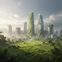 a breathtaking view of a city with biophilic architecture, green meadows, cinematic lighting, epic sky, detailed, concept art, high detail, volumetric, misty, beautiful, artstation, by jordan grimmer and federico pelat and wadim kashin, 8 k