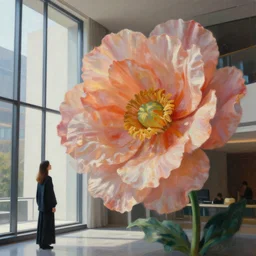 closeup, giant flower head, woman next to modern windows, luxury apartment, surreal photography, dramatic light, impressionist painting, digital painting, artstation, james gilleard