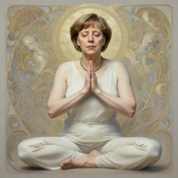 a full body portrait of a beautiful ethereal delicate angela merkel meditative ancestral yoga power pose, intricate, elegant, highly detailed, digital painting, artstation, concept art, smooth, sharp focus, illustration, art by krenz cushart and artem demura and alphonse mucha