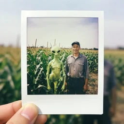 a alien standing next to a farmer on a farm next to a corn field polaroid picture