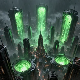 many green wormholes opening over the top of a vast megacity, cybergothic, rain, pollution, volumetric light, rendered in octane, ray tracing on epic settings, epic scale, epic scene