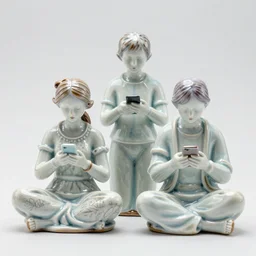 Porcelain people figurines staring down at their phones, intricate, delicate, detailed, Canon TS-E 17mm f/4, pristine quality wallpaper