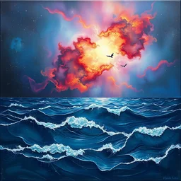 acrylic painting of the ocean mixed with a nebula, by michal karcz, texture, halloween themed