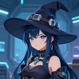 a cute anime character wearing a a cyberpunk wizzard hat, she is in a blue room. trending on artstation. 4 k. realistic. detailed. line art.