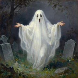 Beautiful portrait painting of a ghost having a delightful dream in a graveyard, oil on canvas, very detailed, by Jean Delville, 4k