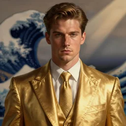 Sam Hyde in gold suit, sigma male, accurately portrayed, portrait art by Hokusai, highly detailed, digital painting, concept art, illustration, dim lighting with twilight rays of sunlight, trending on artstation, very detailed, smooth, sharp focus, octane render, close up