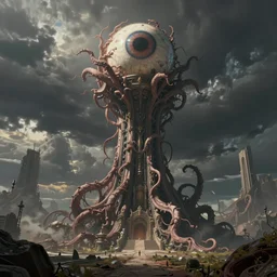 lovecraftian machine tower with fleshy tendrils and eyeball at top overlooking dystopian wasteland