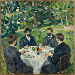 oil on canvas, painting from edouard manet, in the style of le dejeuner sur l'herbe, weating ffp 2!!! masks, covid!!!, 1 8 6 2, impressionism, realism