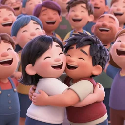 laughing people are strongly hugging each other with the crowd, 3 d animated pixar movie by tom mcgrath