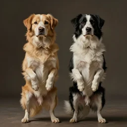 a william wegman photograph of two dogs standing on hind legs 4k, hyperrealistic, focused, extreme details, unreal engine 5, cinematic, masterpiece, high resolution, detailed, painting by raqib shaw W- 1080