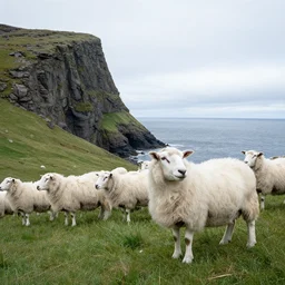“ faroese landscape. a cliff in the left background. white sheep in the foreground. the sheep looking away from the camera. by william turner ”