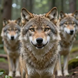 furry cat woman in a forest 8 b 4 with real wolves beautiful face detailed smiling