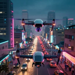 3 d vfx art of flying drones above - a neon lit - bustling lagos urban street - in nigeria, cinestill 8 0 0 t photograph, illustration style by mike winkelmann, unreal engine render, digital illustration, sharp, intricate detail, volumetric light, ray tracing, soft light, colourful, surreal environment, first person view,