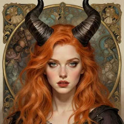 a beautiful illustration of a witch with horns in head, young christina hendricks, intricate, sharp focus, illustration, highly detailed, digital painting, concept art, matte, art by wlop and artgerm and greg rutkowski and alphonse mucha, masterpiece