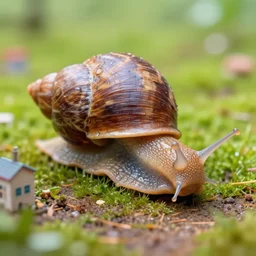 a macro giant land snail is walking near the tiny buildings, digital macro art