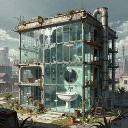 a beautiful detailed anime illustration of unfinished building urbex industrial architecture bathroom building by odile decq, vice city san andreas otherworldly wilderness retro assassin's creed made of glass postcyberpunk dieselpunk universe matte painting apocalyptic, archdaily, wallpaper, highly detailed, trending on artstation.