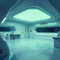 space - station interior, large open room, gentle blue and green lighting, futuristic, angular design