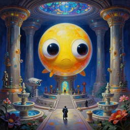 googly eyes scifi a minimalist bioluminescent oil painting by donato giancola, bulbous happy goldfish giant god dinosaur temple altar machine, religious spaceport with microscopy stained glass pretty bulbous ceramic fountains, gigantic pillars and flowers, maschinen krieger, beeple, star trek, star wars, ilm, star citizen, mass effect, artstation, atmospheric perspective