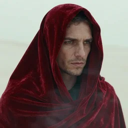 a man in a red velvet paranja in the white desert, low fog, atmospheric hyper realistic render from the movie directed by denis villeneuve with art direction by zdzisław beksinski, close up, telephoto lens