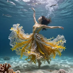 woman dancing underwater wearing a long flowing dress made of many translucent layers of gold and silver lace seaweed, bolts of bright yellow fish, delicate coral sea bottom, swirling silver fish, swirling smoke shapes, renderman render, caustics lighting from above, cinematic, hyperdetailed