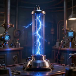 photography of a hyper realistic tesla coil, blue lighning. steam punk laboratory background. high detail, professional digital art, unreal engine 5 8 k rendering