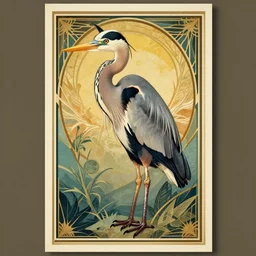 vintage art deco hybrid animal poster depicting a heron with cat ears and paws