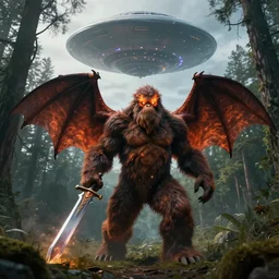 wide angle dslr photograph of a very hairy bigfoot with bat wings and firey eyes holding a giant magic sword, standing in a forest clearing with a giant ufo hovering above in the sky, epic scene, cinematic lighting, digital art