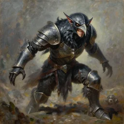 dnd kenku person. epic dungeons and dragons armored raven character. oil on canvas featured by keith parkinson 1 9 8 5. cinematic, bending to track. composition. realistic facial features and expression. metroid