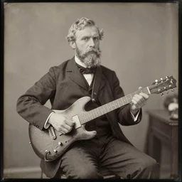 early 1 7 0 0's photograph of a blonde bearded man sitting with electric guitar, daguerrotype, victorian