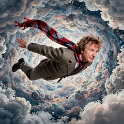 tom baker using his scarf to fly, psychedelic, clouds, 4 k, intricate high details, sharp, 1 9 7 7, photo realistic