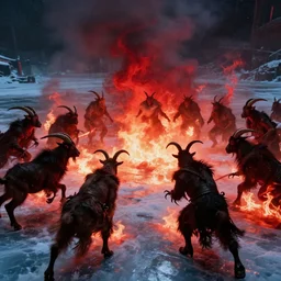 all the goat gods in hell in a frenzy of war, frozen lake of fire, red light, flames, darkness, photograph, realistic, cinematic, movie still,