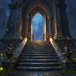 matte painting of stone steps fantasy leading do a gothic doorway swung open, artstation by emilia dziubak, will terry, greg olsen, chris mars, ann long, and mark brooks, gret ritkowski dramatic, evening fireflies, architecture, colorful clean and sharp glossy, warcraft architecture