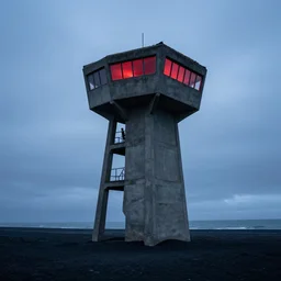 an old robust concrete brutalist observation tower from ww 2 with red light coming from inside. the tower stands in a icelandic beach, black sand beach, blue hour, cloudy day, filip hodas, jakub rozalski, digital art, matte painting, award winning, trending on artstation, cinematic