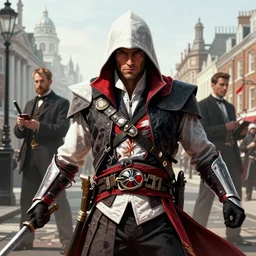a detailed richard ayoade from assassin's creed in an action pose showing his stoic face in the style of norman rockwell and kubrick, background 1 8 0 0's london, digital art, artstation hd, ubisoft concept art, concept art
